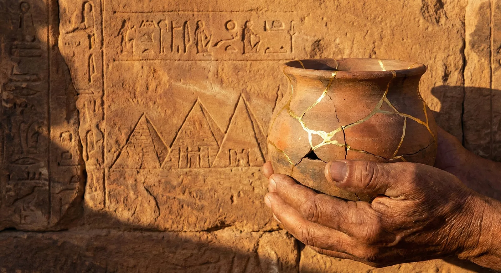 Ancient Kushite pottery mended with gold, set against carved hieroglyphs