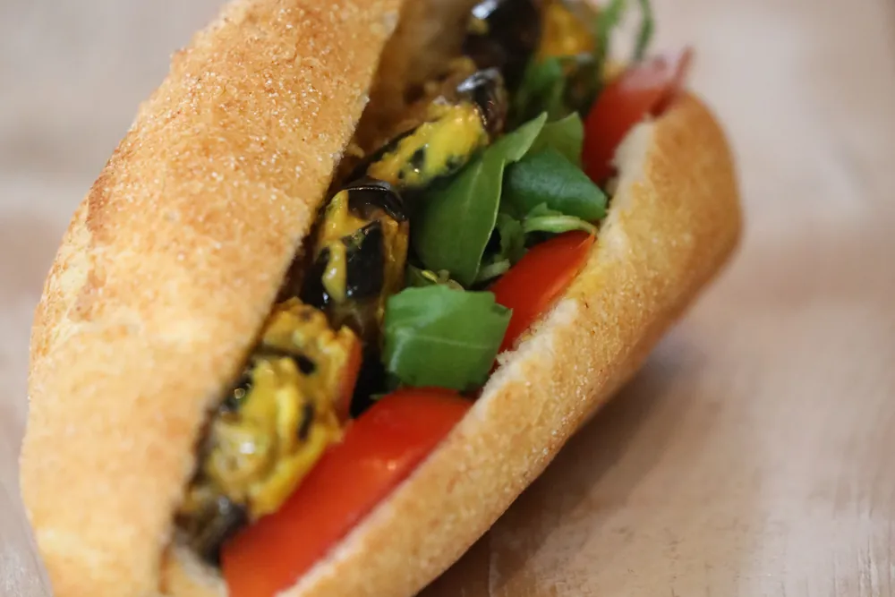 An aubergine sub with tomato and salad leaves