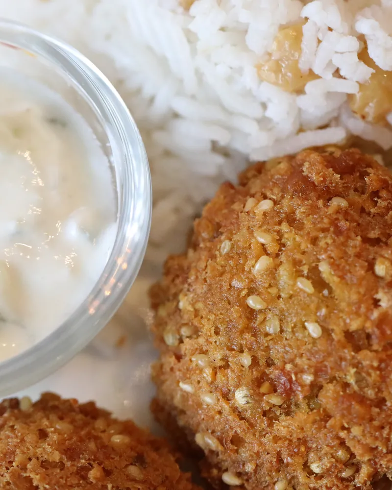 Close view of crisp falafel patties and fresh cheese