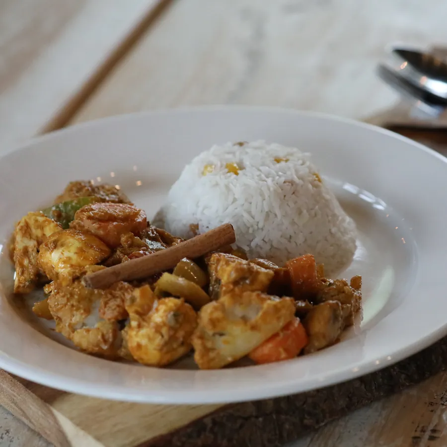 A plate of chicken stew with a mound of steamed rice