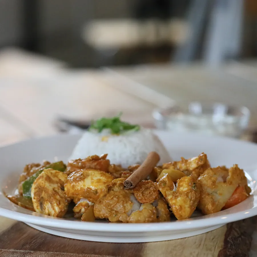 A serving of stewed chicken with rice