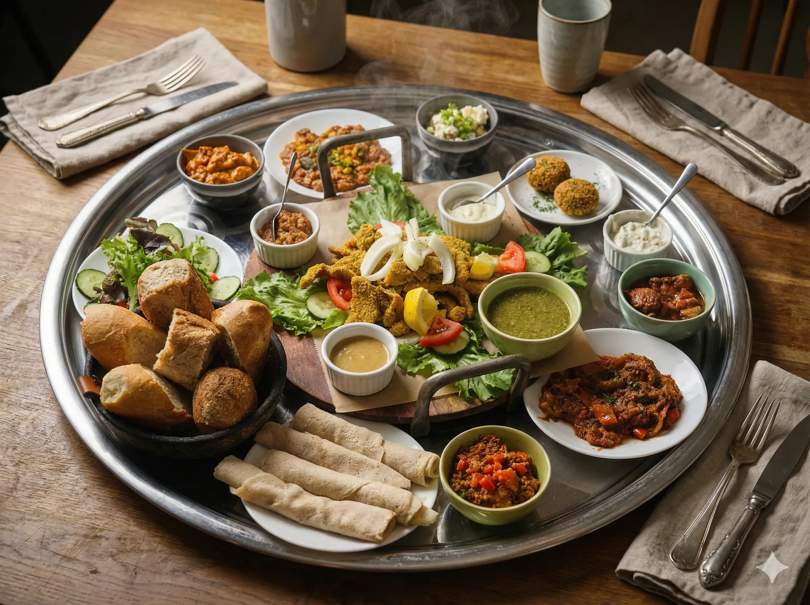 A Napata seniyya, a communal silver sharing tray laden with Nubian stews, kisra, salads and dipping sauces