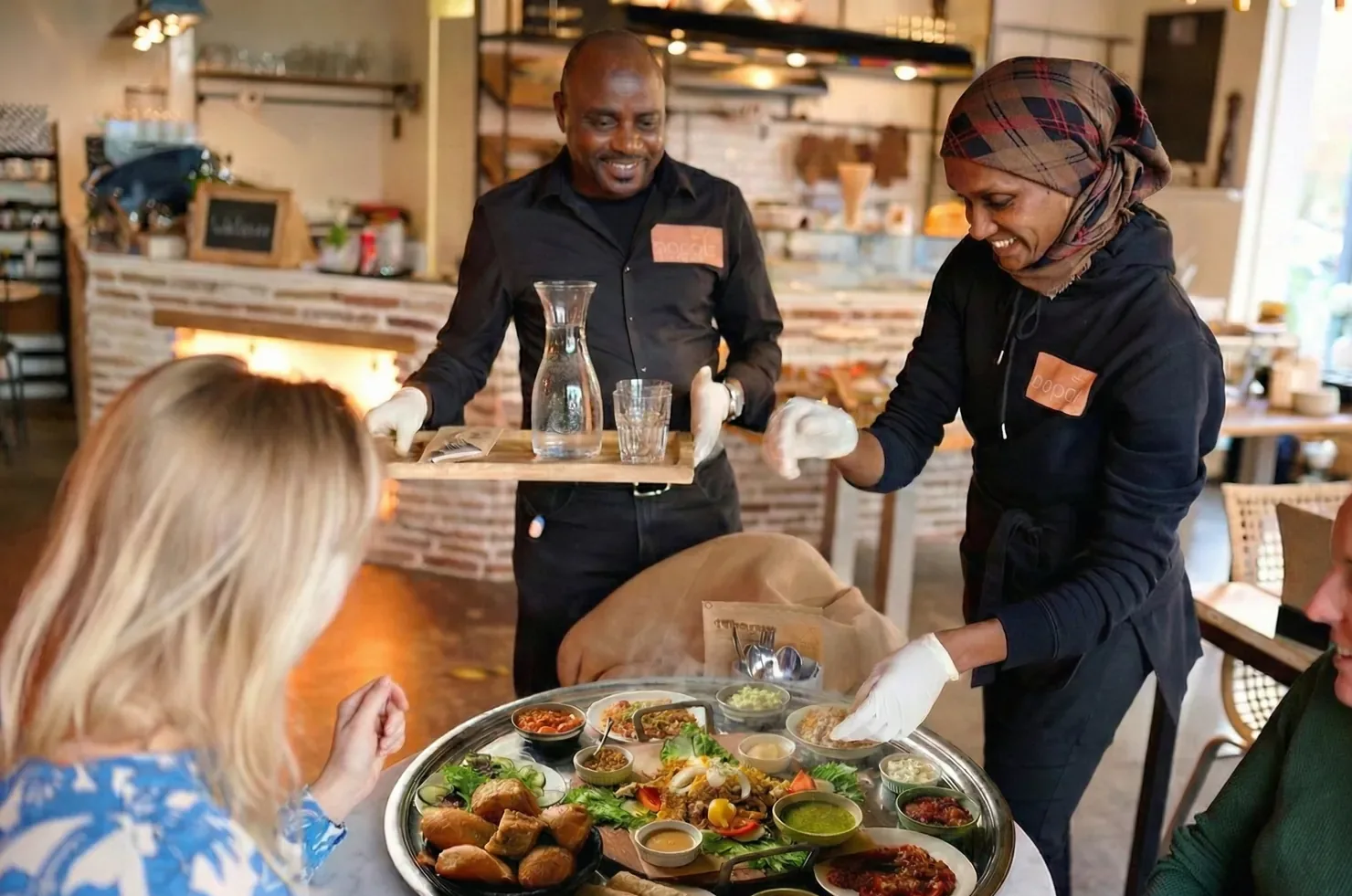 Ranya and Abdelrahman serving a Napata seniyya sharing tray to guests